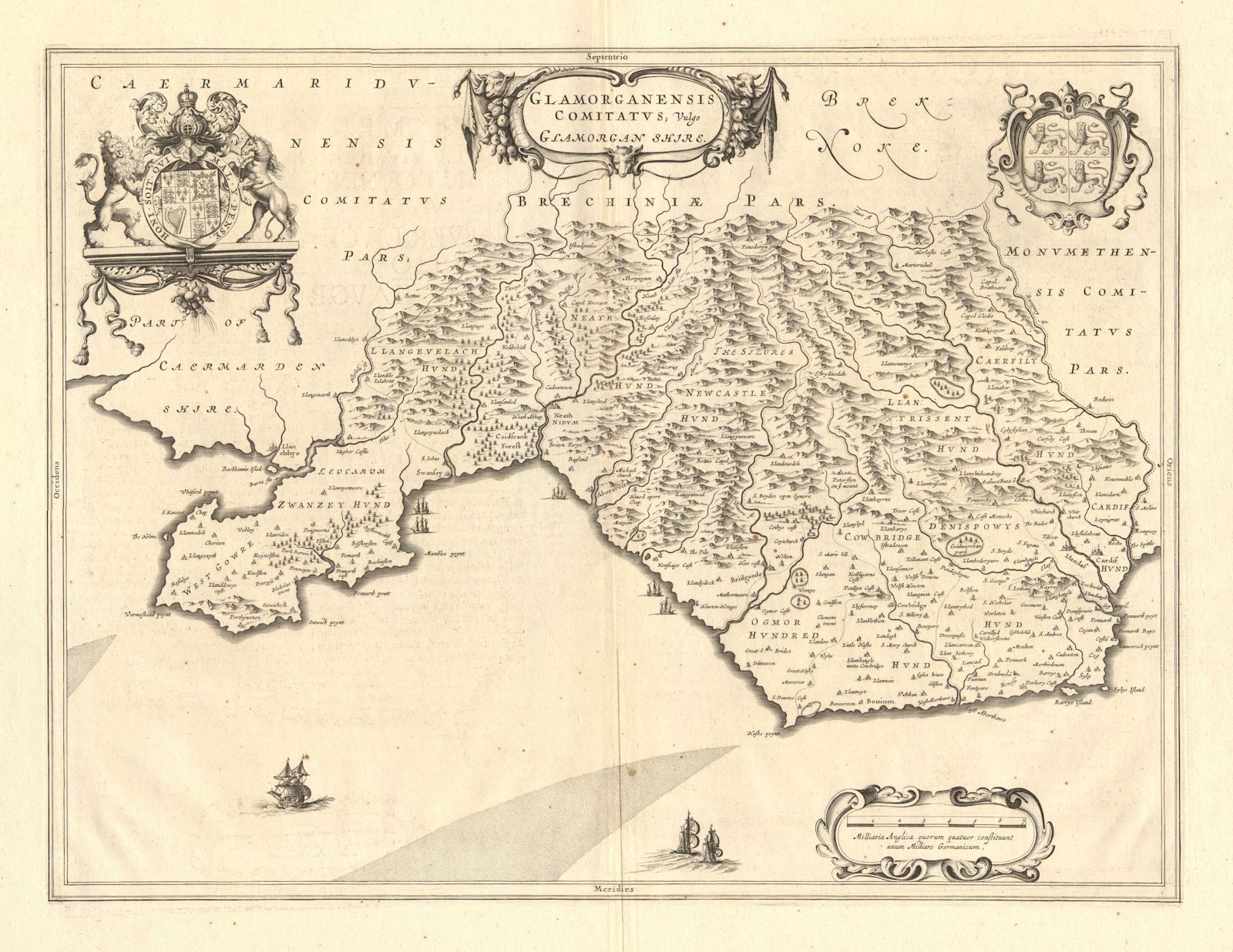 GLAMORGANENSIS COMITATUS VULGO GLAMORGAN SHIRE.Swansea Cardiff.BLAEU c1645 map